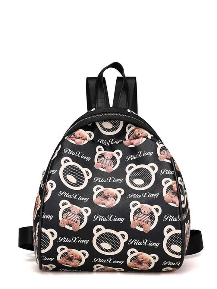 Romwe Bear Print Curved Top Backpack