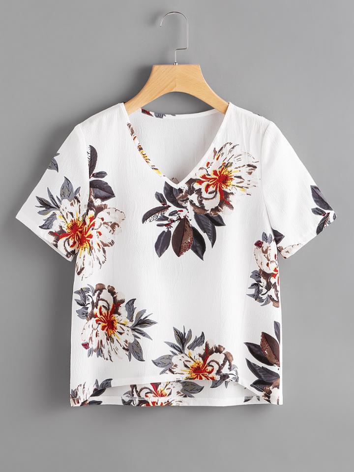 Romwe V-neckline Dip Hem Florals Blouse