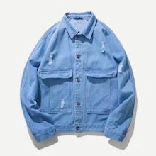 Romwe Men Dual Pocket Ripped Denim Jacket