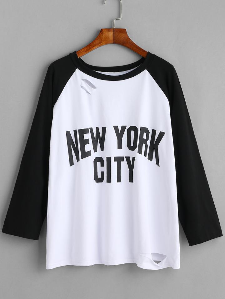 Romwe Letter Print Raglan Sleeve Distressed T-shirt