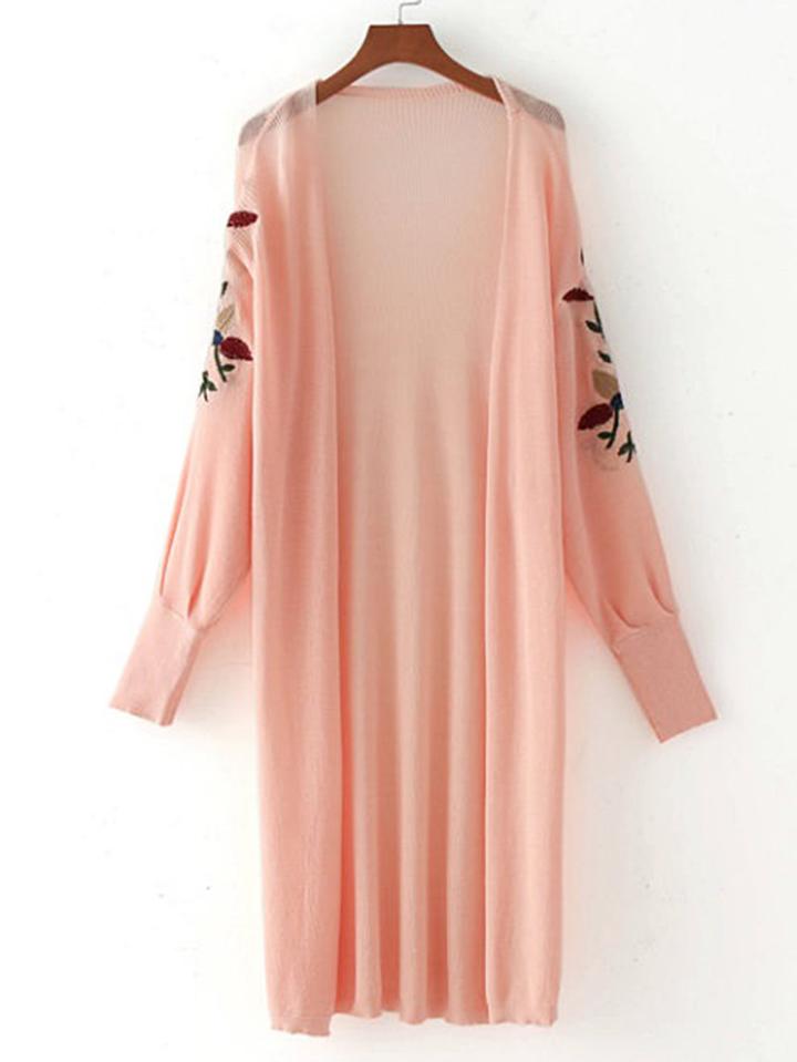 Romwe Embroidery Sleeve Open Front Longline Cardigan