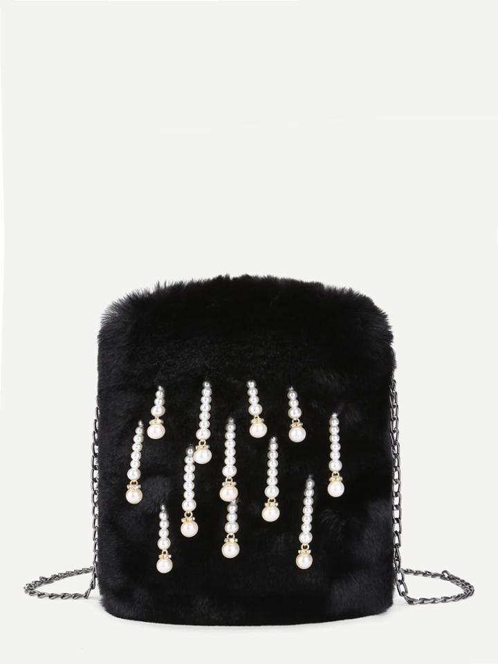 Romwe Faux Pearl Decorated Faux Fur Chain Bag
