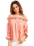 Romwe Pink Off The Shoulder Ruffle Half Sleeve Blouse