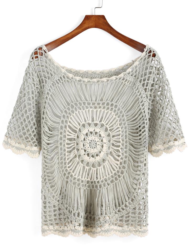 Romwe Short Sleeve Crochet Hollow Grey Sweater