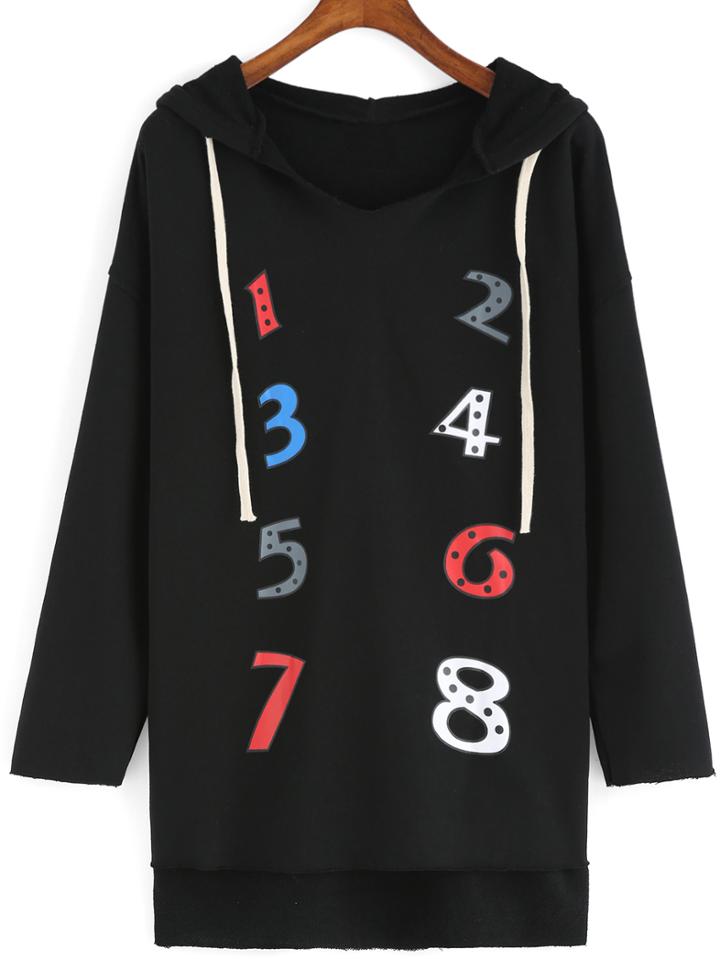 Romwe Hooded Number Print High Low Sweatshirt