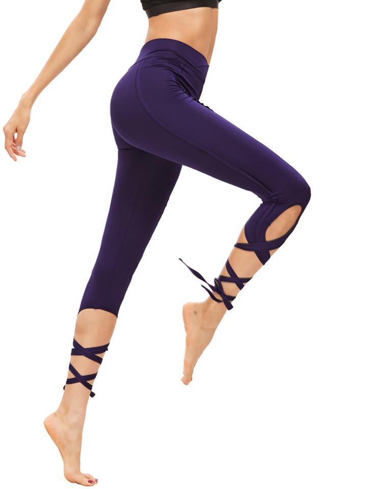 Romwe Dark Purple Hollow Tie Skinny Leggings
