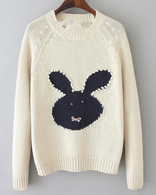 Romwe Bead Rabbit Print Knit White Sweater
