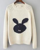 Romwe Bead Rabbit Print Knit White Sweater