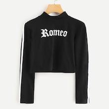 Romwe Striped Tape Side Letter Print Crop Tee