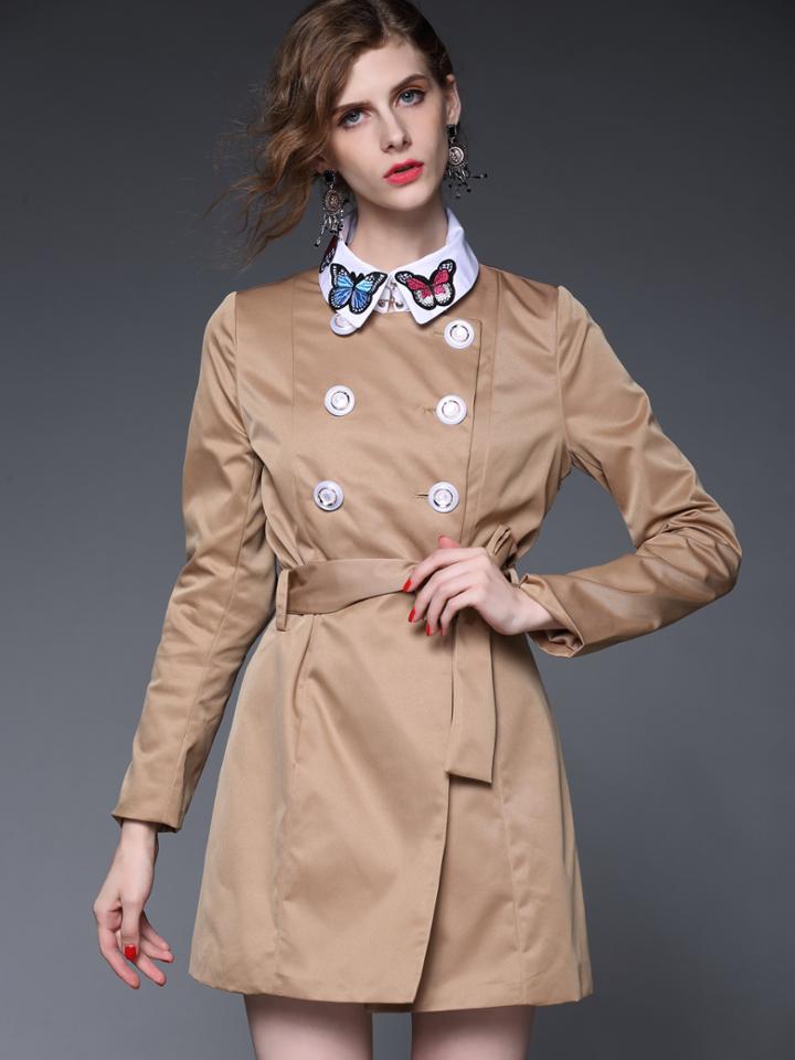 Romwe Khaki Lapel Bow Patch Embroidered Long Sleeve Belt Coat