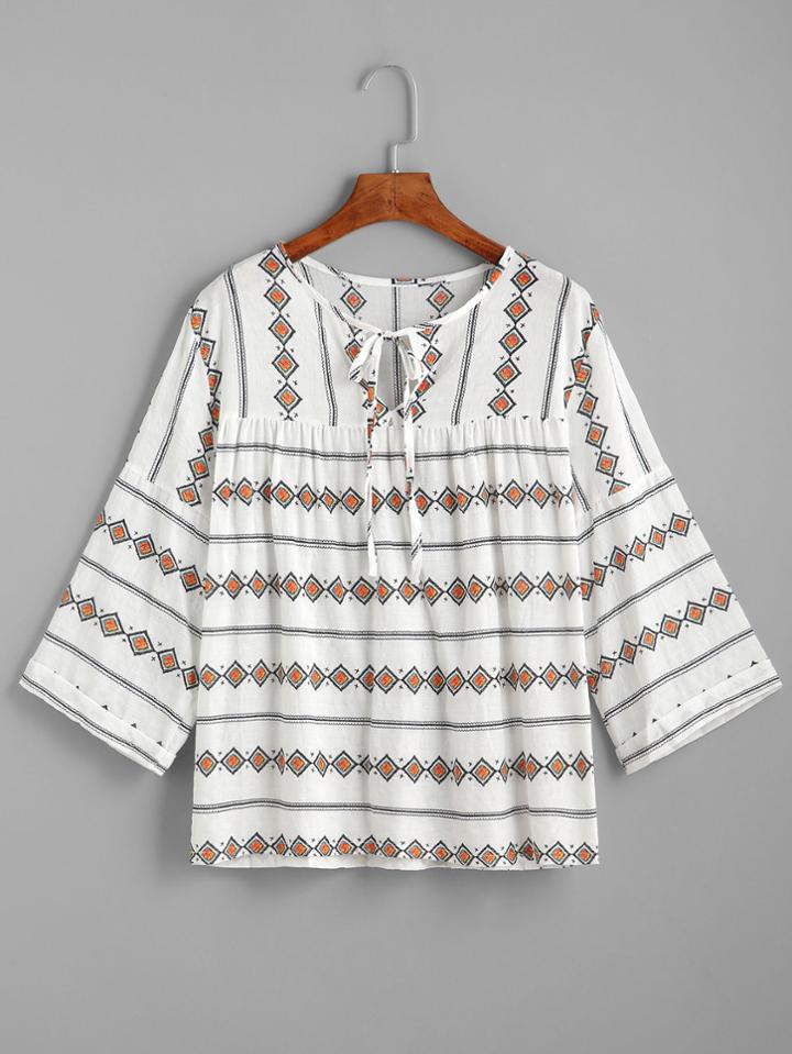 Romwe White Embroidered Tie Neck Cuffed Blouse