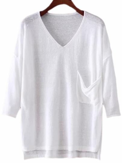Romwe White Pocket Dip Hem Pullover Sweater