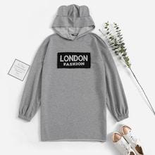 Romwe Drop Shoulder Letter Hoodie With Ear