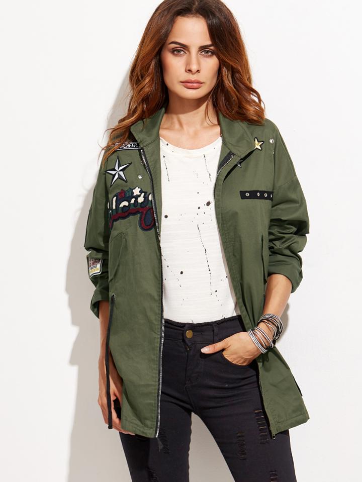 Romwe Army Green Patch Zipper Coat With Drawstring