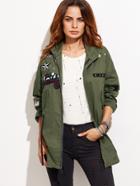 Romwe Army Green Patch Zipper Coat With Drawstring