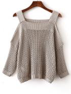 Romwe Khaki Cold Shoulder Gigot Sleeve Knit Sweater