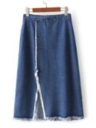 Romwe Dark Blue Cutout Front Zipper Raw-edge Hem Skirt