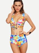 Romwe Colorful Print Tie-front Bikini Set