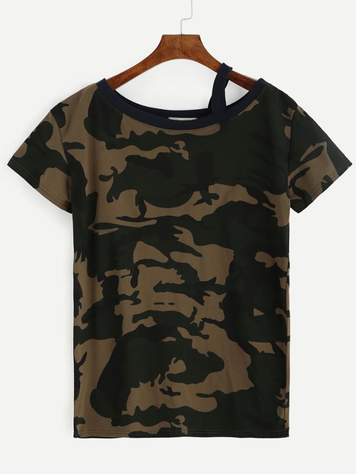 Romwe Camo Print Contrast Trim T-shirt