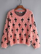 Romwe Cross Print Mohair Pink Sweater