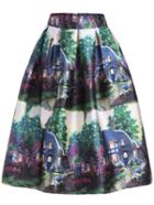 Romwe Color Printed Zipper Flare Skirt
