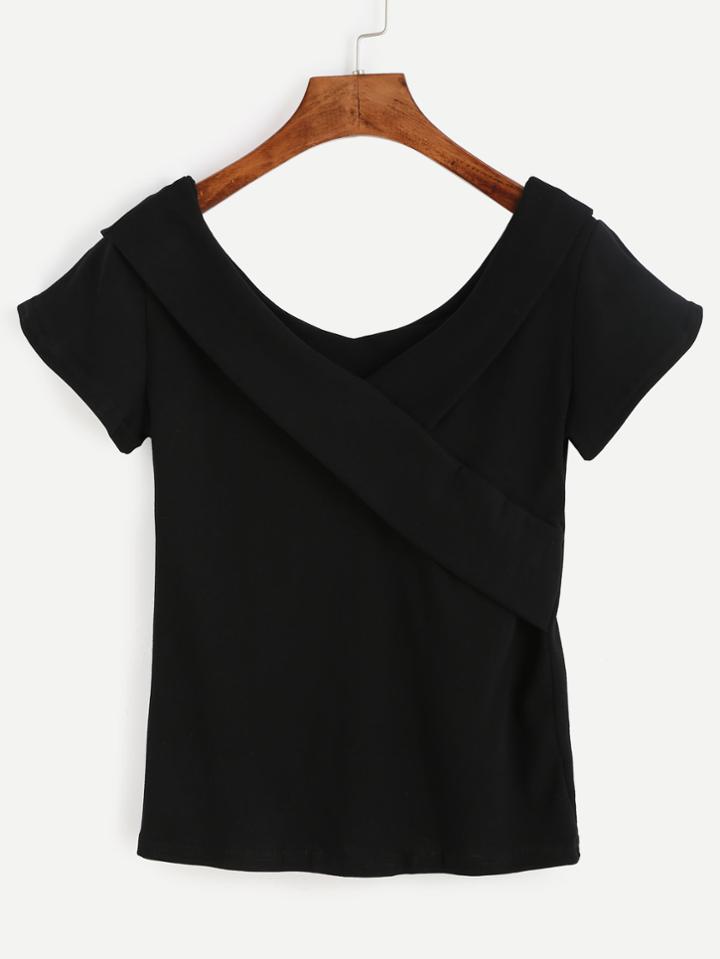 Romwe Black V Neck T-shirt