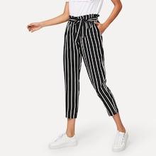Romwe Frill Trim Self Tie Waist Striped Pants