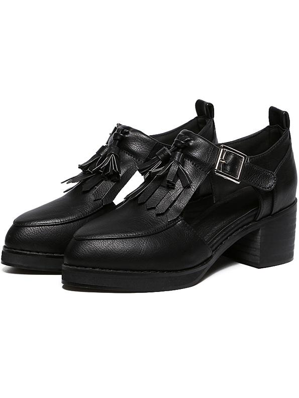 Romwe Black Point Toe Hollow Tassel Chunky Heel Pumps