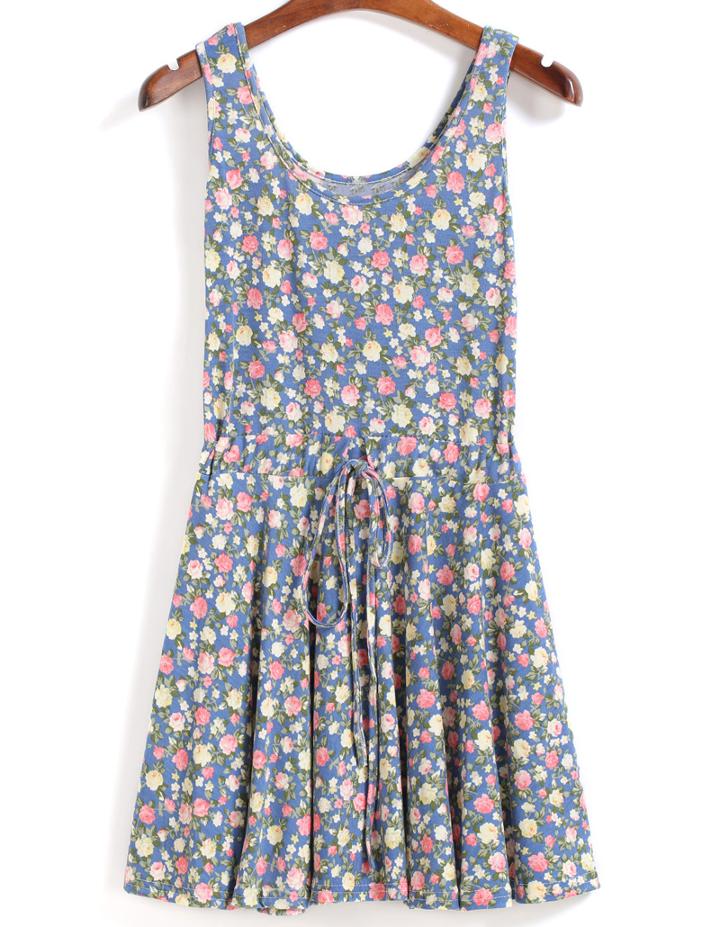 Romwe Drawstring Rose Print Pleated Blue Dress