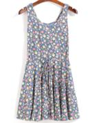 Romwe Drawstring Rose Print Pleated Blue Dress