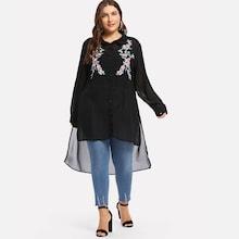 Romwe Plus Embroidered High Low Detail Blouse