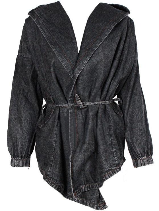 Romwe Hooded Pockets Asymmetrical Denim Grey Coat