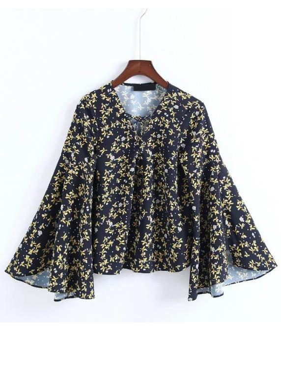 Romwe Black Floral Lace Up V Neck Bell Sleeve Blouse