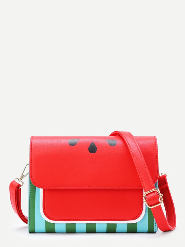 Romwe Watermelon Print Flap Pu Shoulder Bag