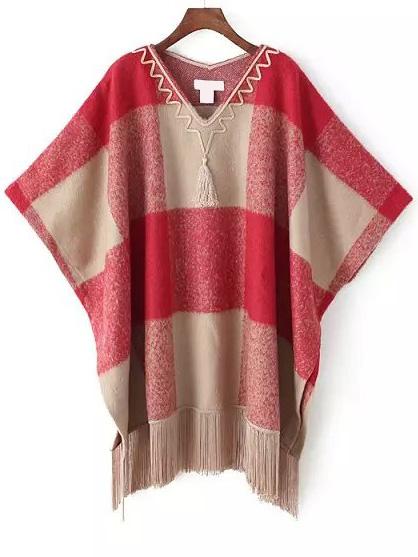 Romwe V Neck Plaid Tassel Poncho