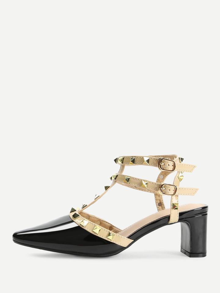 Romwe Rivet Detail Gladiator Chunky Heels