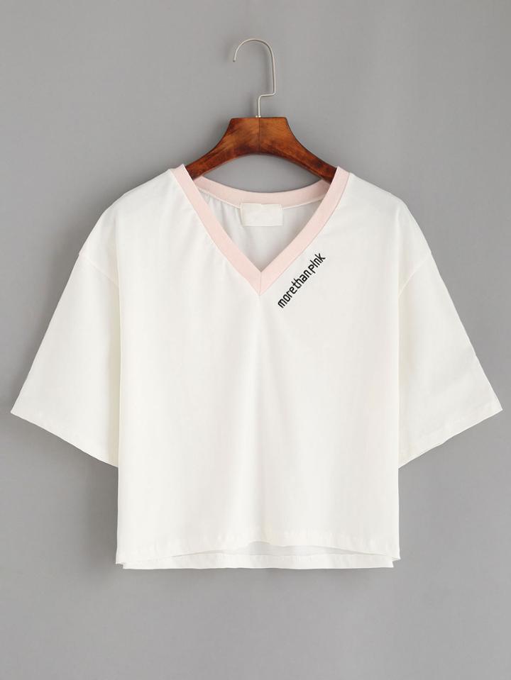 Romwe White V Neck Contrast Trim Embroidered T-shirt