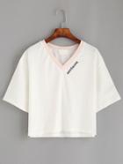 Romwe White V Neck Contrast Trim Embroidered T-shirt