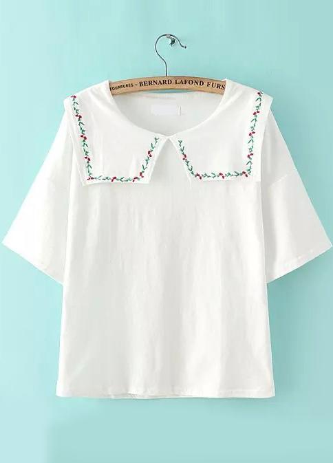 Romwe Doll Collar Embroidered White T-shirt