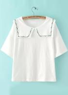 Romwe Doll Collar Embroidered White T-shirt