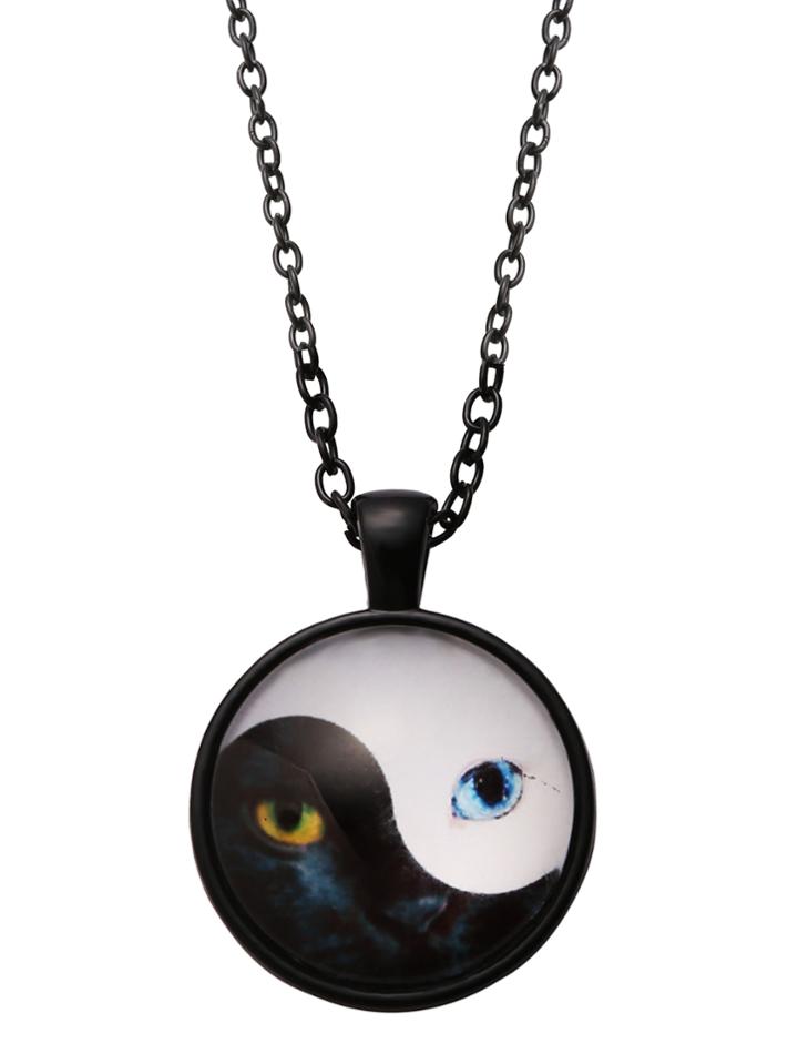 Romwe Black White Cat Eyes Print Round Glass Necklace