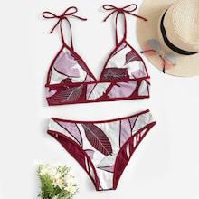 Romwe Random Leaf Print Contrast Piping Bikini Set