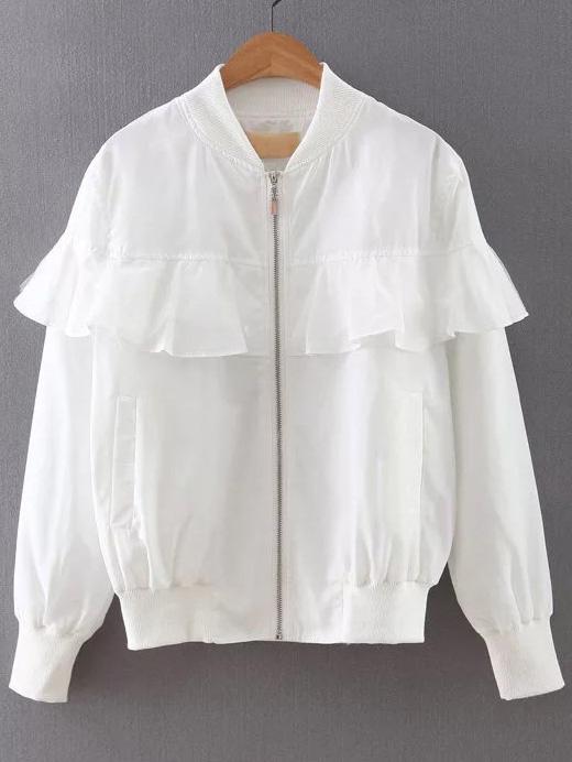 Romwe White Mesh Ruffle Zipper Up Jacket