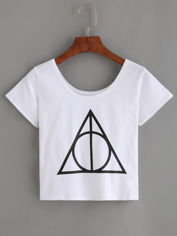 Romwe White Triangle Print Crop T-shirt