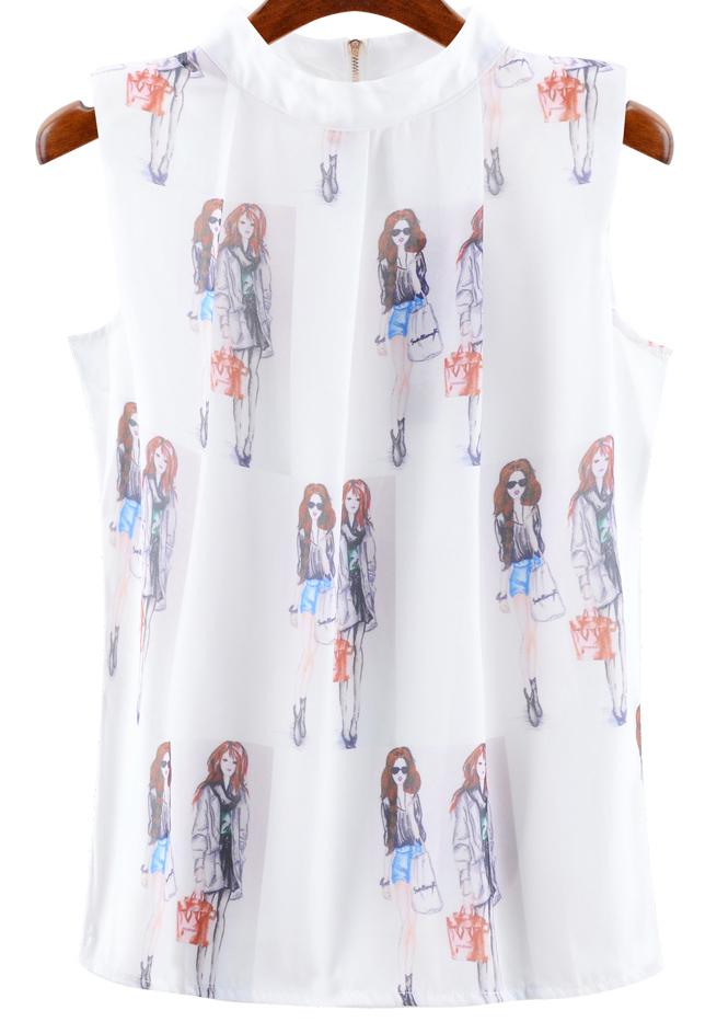 Romwe Stand Collar Zipper Catwalk Print Top