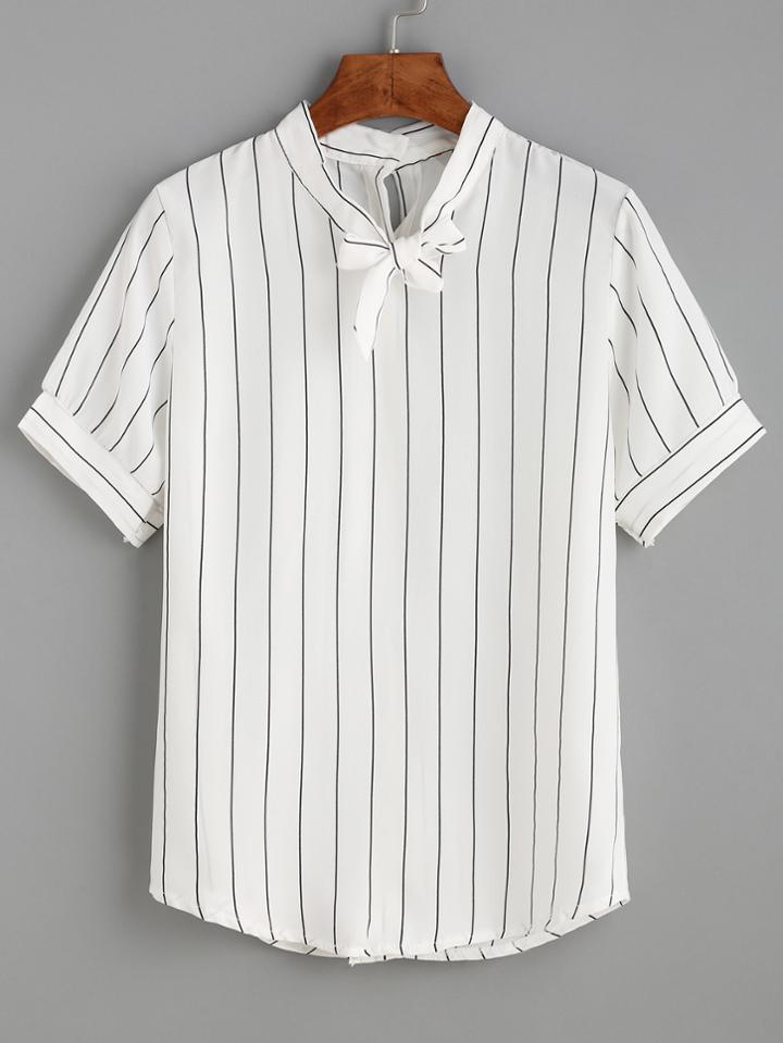 Romwe White Vertical Stripe Tie Neck Button Back Blouse