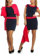 Romwe Navy Blue Contrast Red Trim Dress With Crop Coat