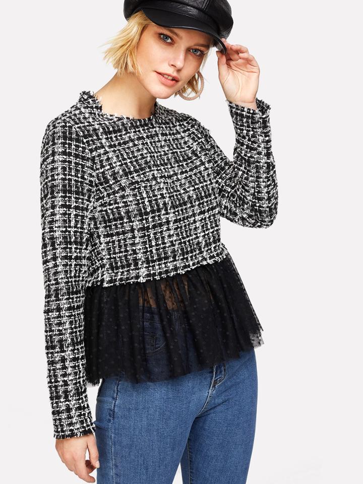 Romwe Dot Mesh Hem Tweed Top