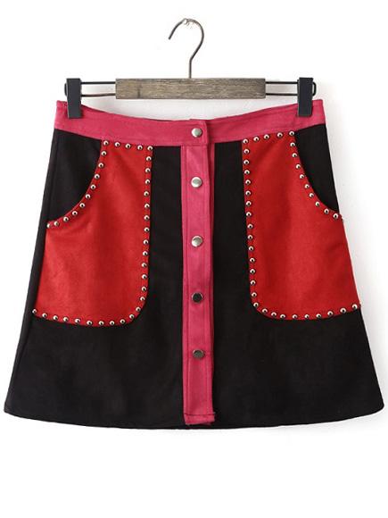 Romwe Color-block Single Breasted Studded A-line Skirt
