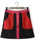 Romwe Color-block Single Breasted Studded A-line Skirt